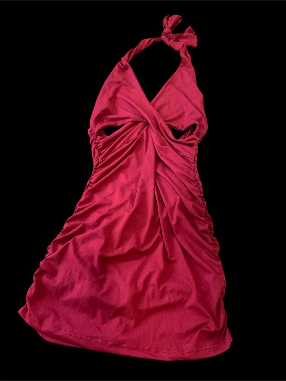 Twist-Front Halter Mini Dress in burgundy with cut outs and ruching 32” long